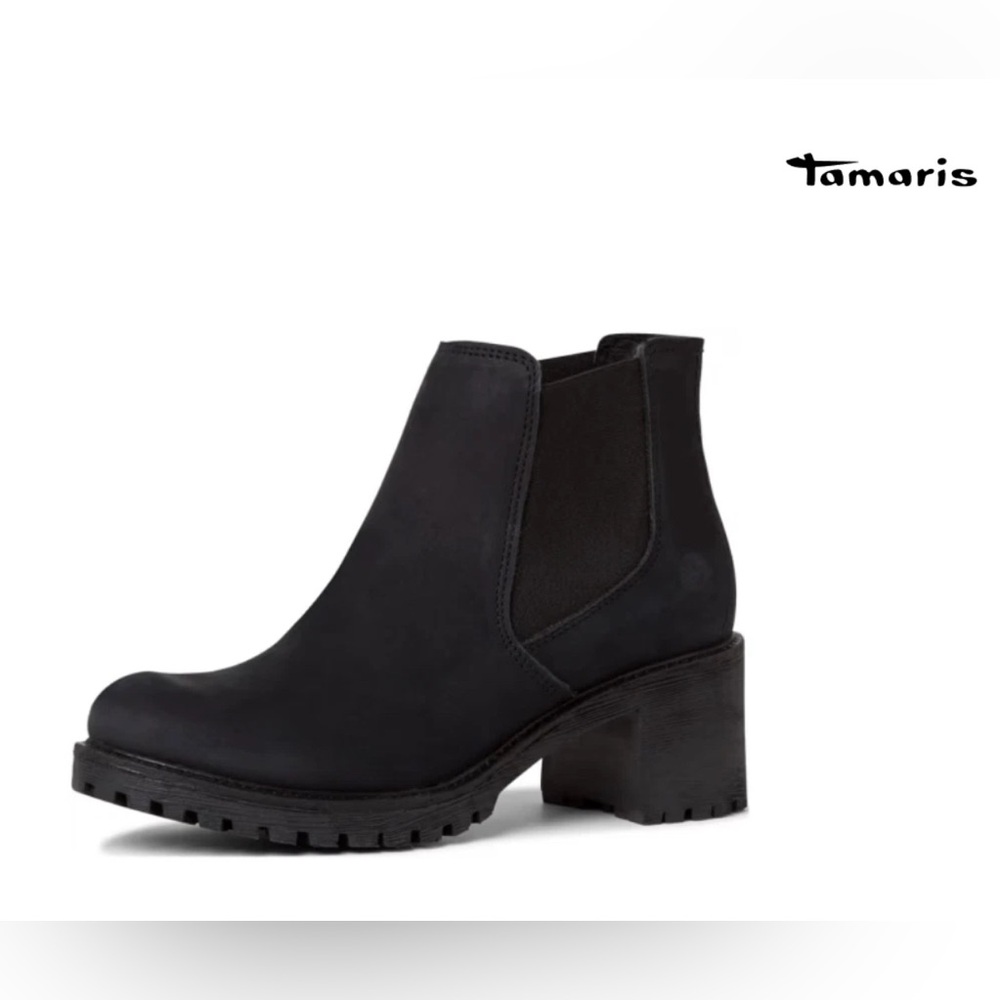 Tamaris black Wortmann Chelsea grunge lug pull on boot sz 7.5, 38. EUC